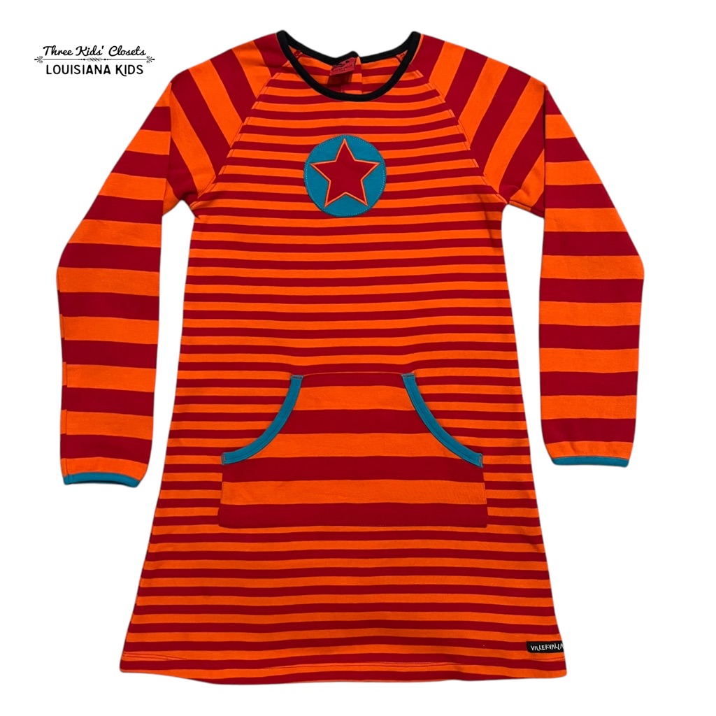 Villervalla Sz 134 (9y) Red & Orange Striped Star Appliqu Dress